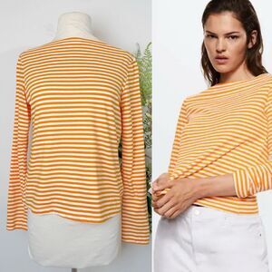 MANGO | Orange & White Striped Breton Boatneck Long Sleeve Tee – Size M